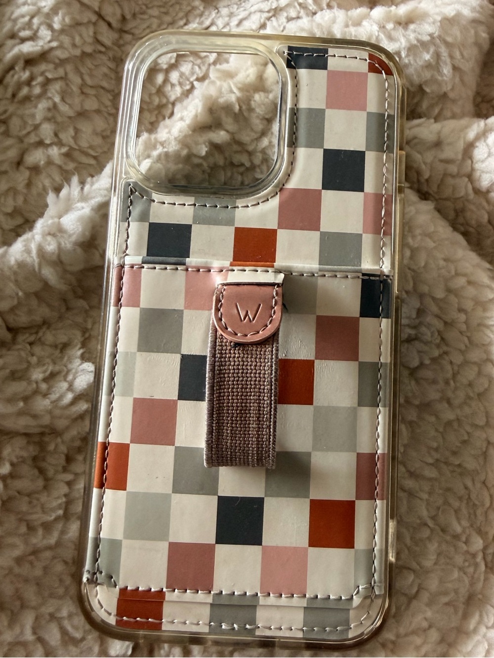 Checkered iPhone 13 ProCase with Built-In Strap and Pocket - Pink/Beige/Gray